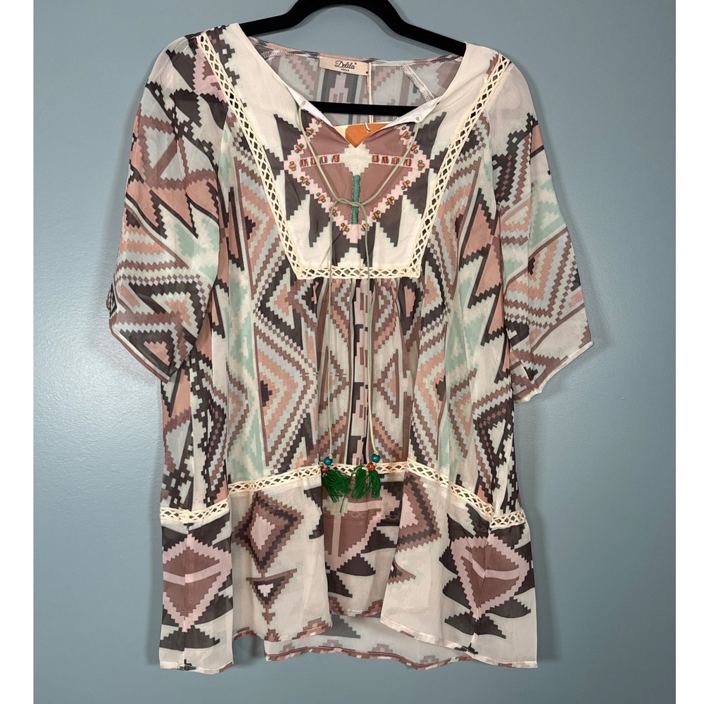 NWT Delila Texas Women's White Geometric Print Tassel Beaded Boho Tunic Top M